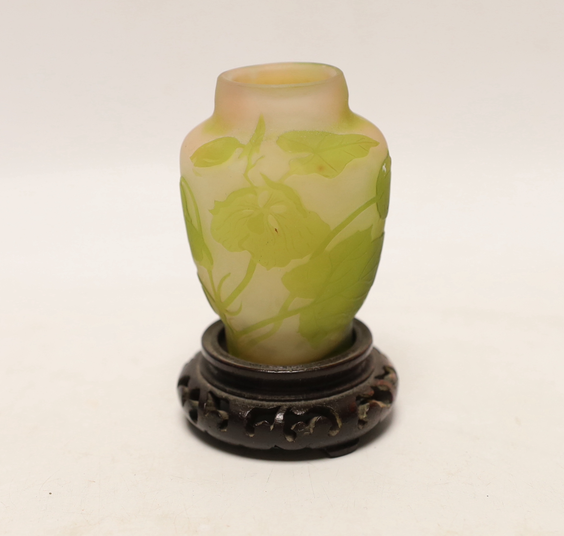 A small Gallé cameo glass vase, attached to hardwood base, 10cm
